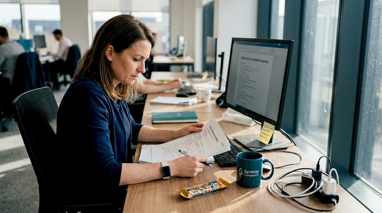 Compliance officer reviewing risk documents at desk