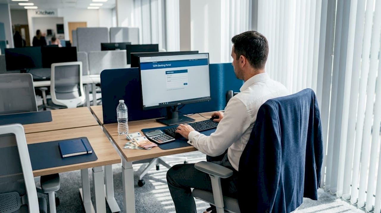 Payment specialist works at bright office desk