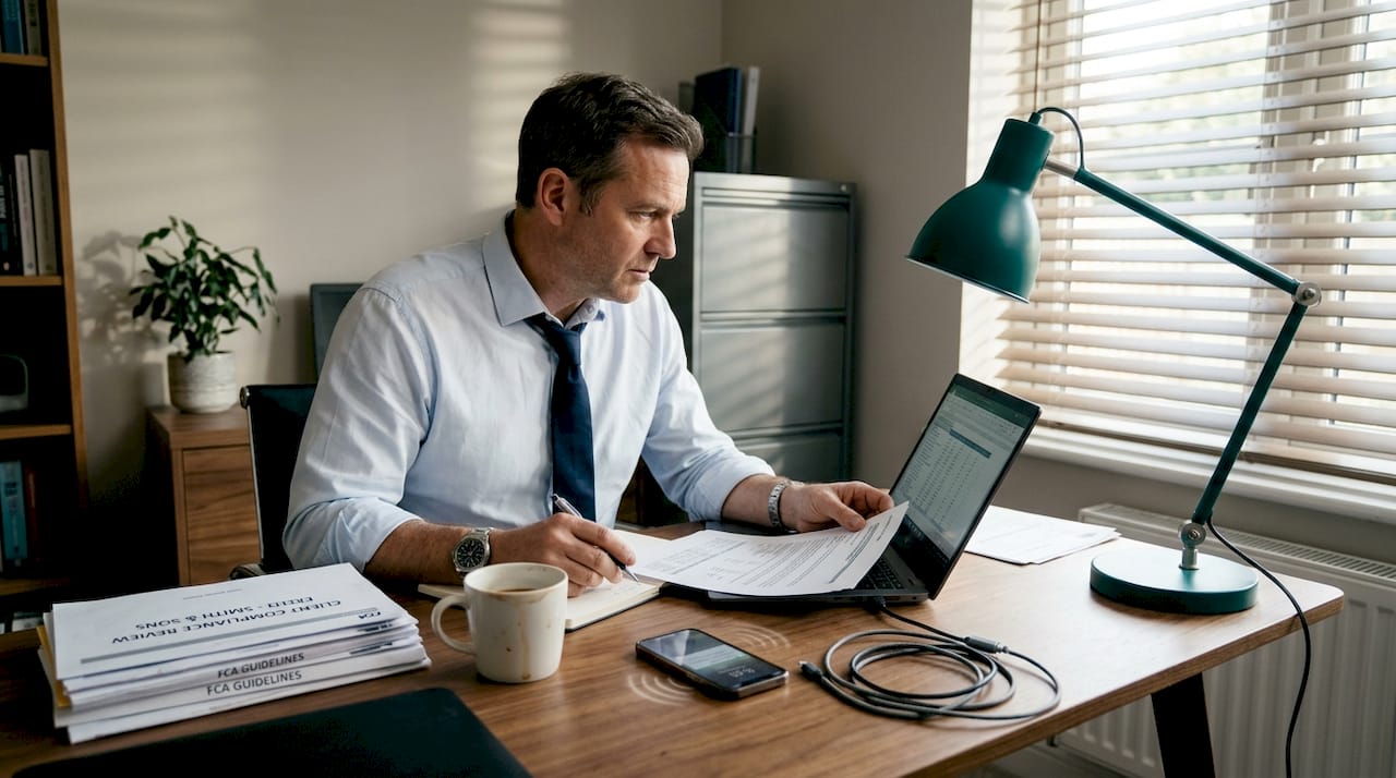 Businessman reviewing daily compliance paperwork