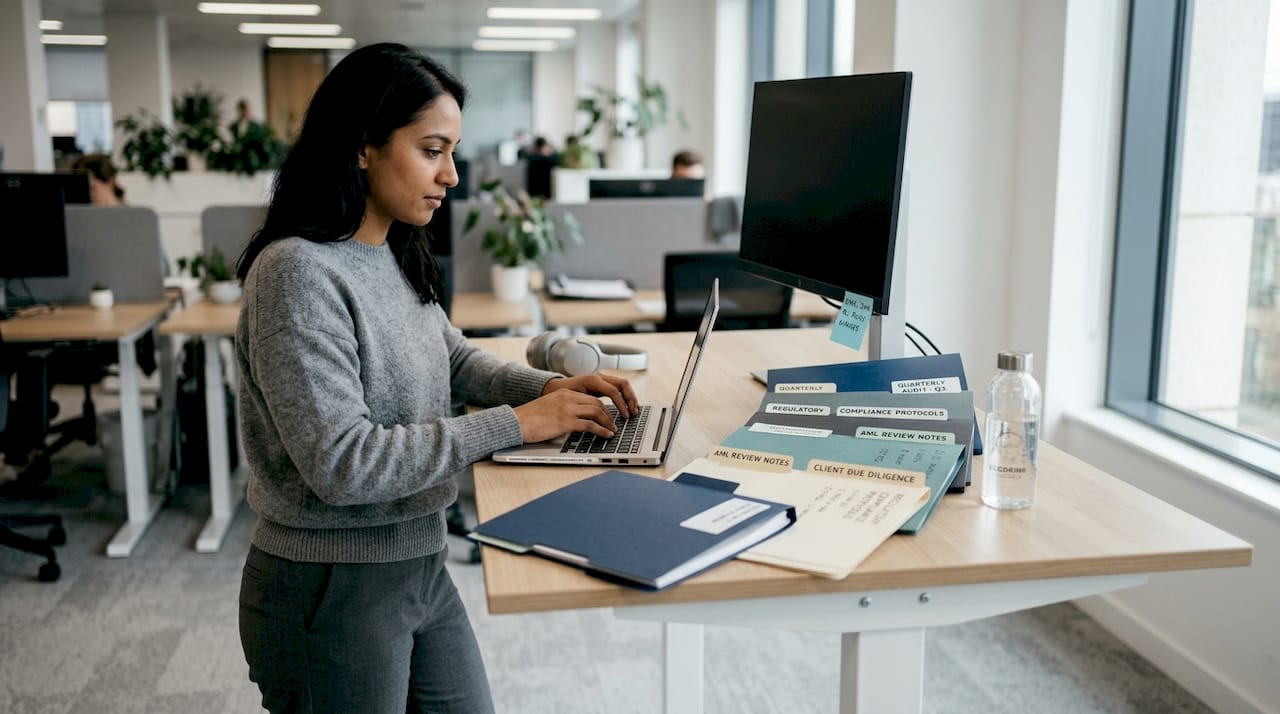 Analyst typing notes for crypto compliance