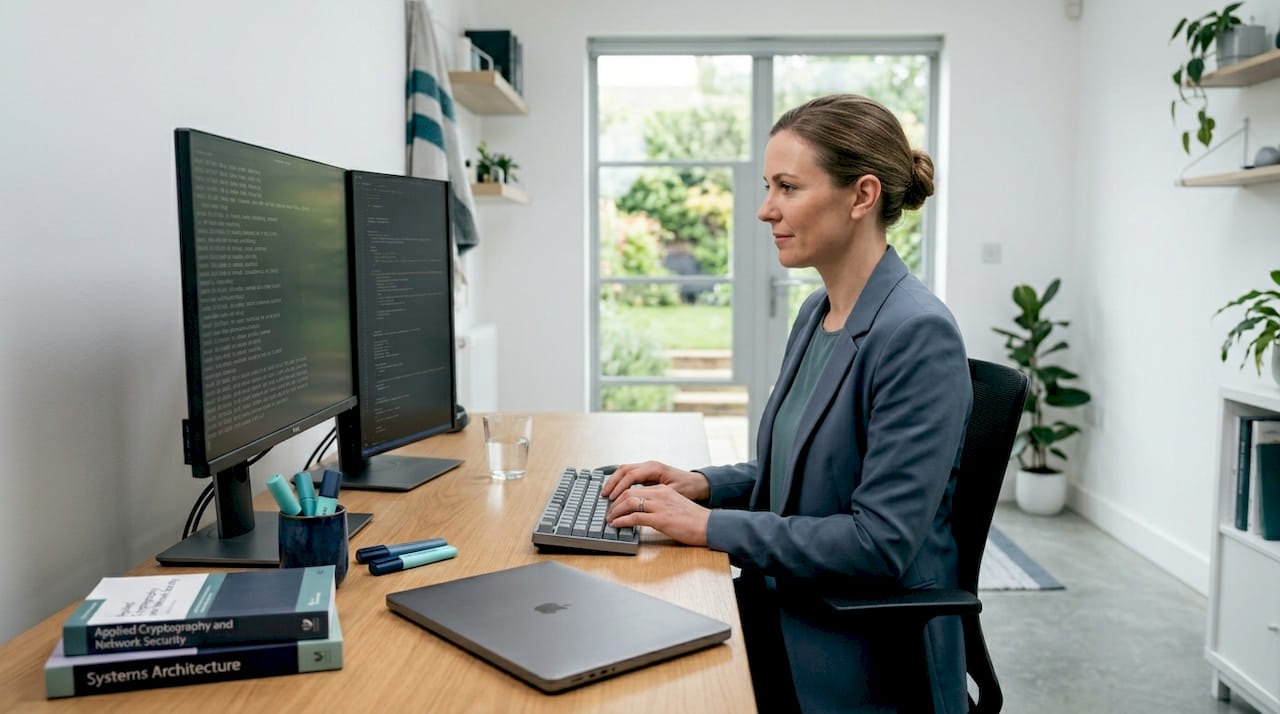 Engineer testing encryption system at workstation