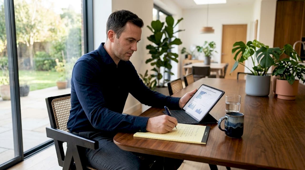 Man reviewing compliance charts at home kitchen