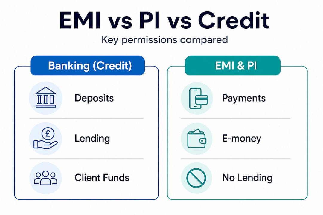 Infographic comparing EMI, PI, and credit licences