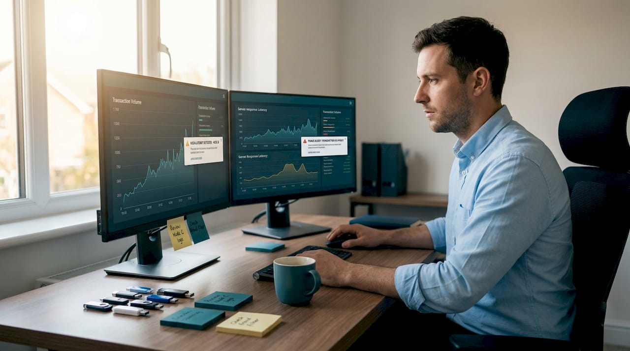 Analyst monitoring financial transaction alerts