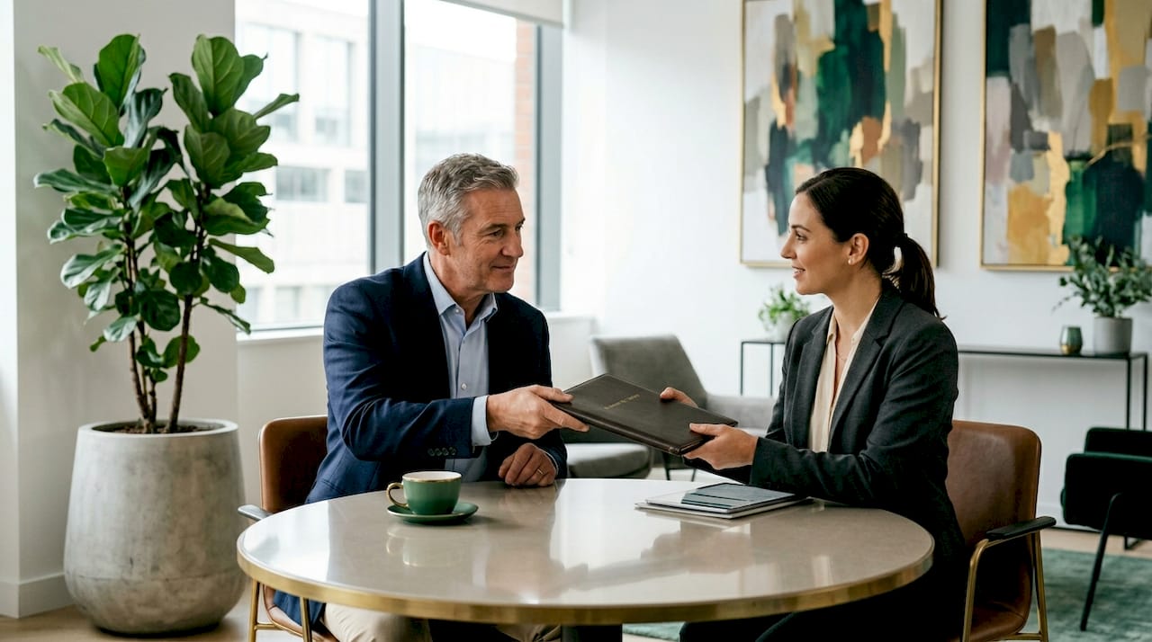 Business owner and banker reviewing documents