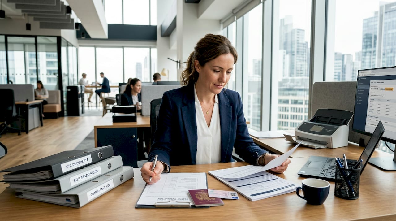 Compliance officer reviews business documents at desk