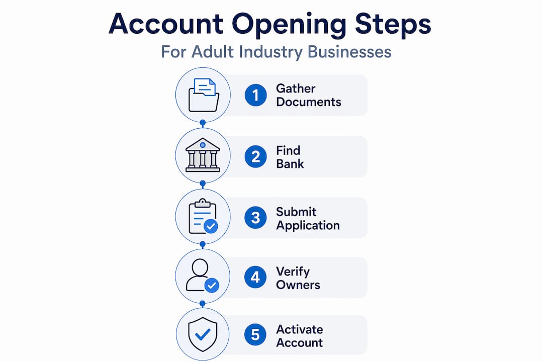 Infographic showing steps to open adult industry bank account