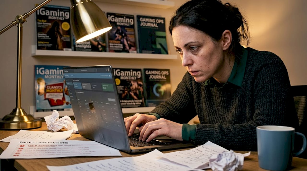 iGaming manager dealing with transaction issues at laptop