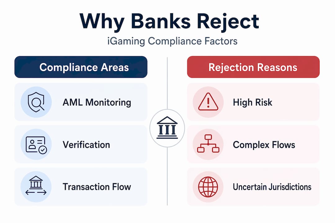 Infographic showing compliance versus rejection factors in iGaming banking