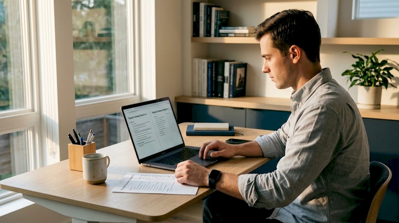 Business owner reviews payment processing checklist