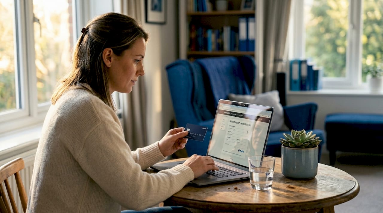 User entering payment details on home laptop