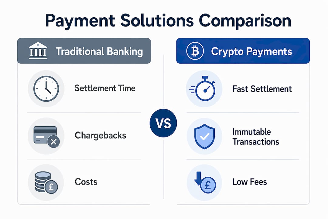 Infographic comparing crypto and traditional payment solutions