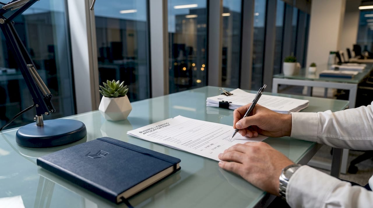 Hands filling out business licence application form
