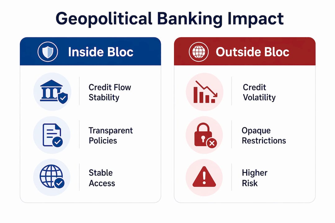 Infographic comparing geopolitical impacts on banking