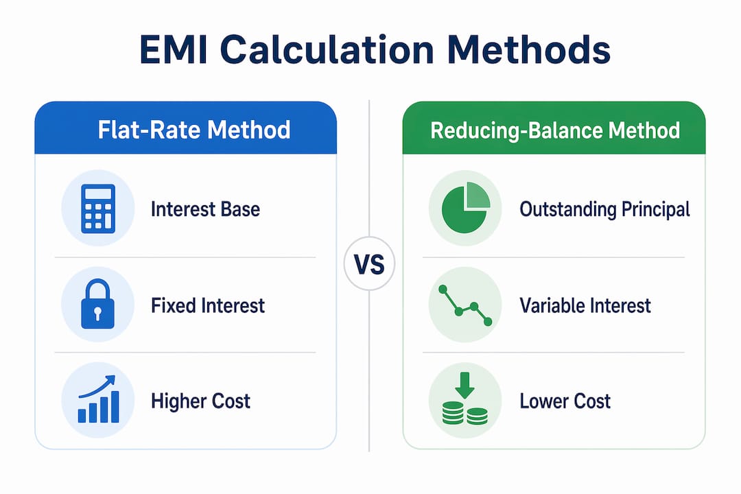 Infographic comparing EMI calculation methods flat-rate vs reducing-balance