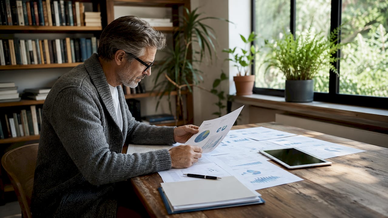 Hands organizing compliance documents on desk