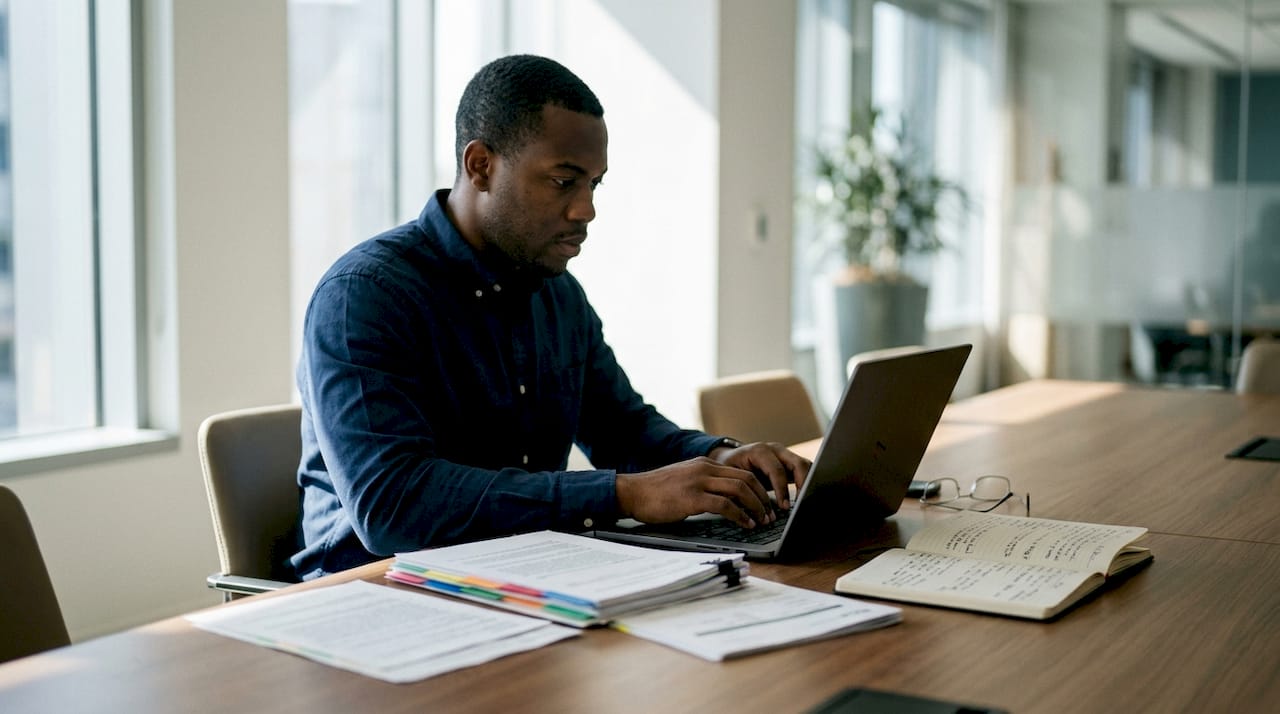 Hands typing on laptop in compliance office