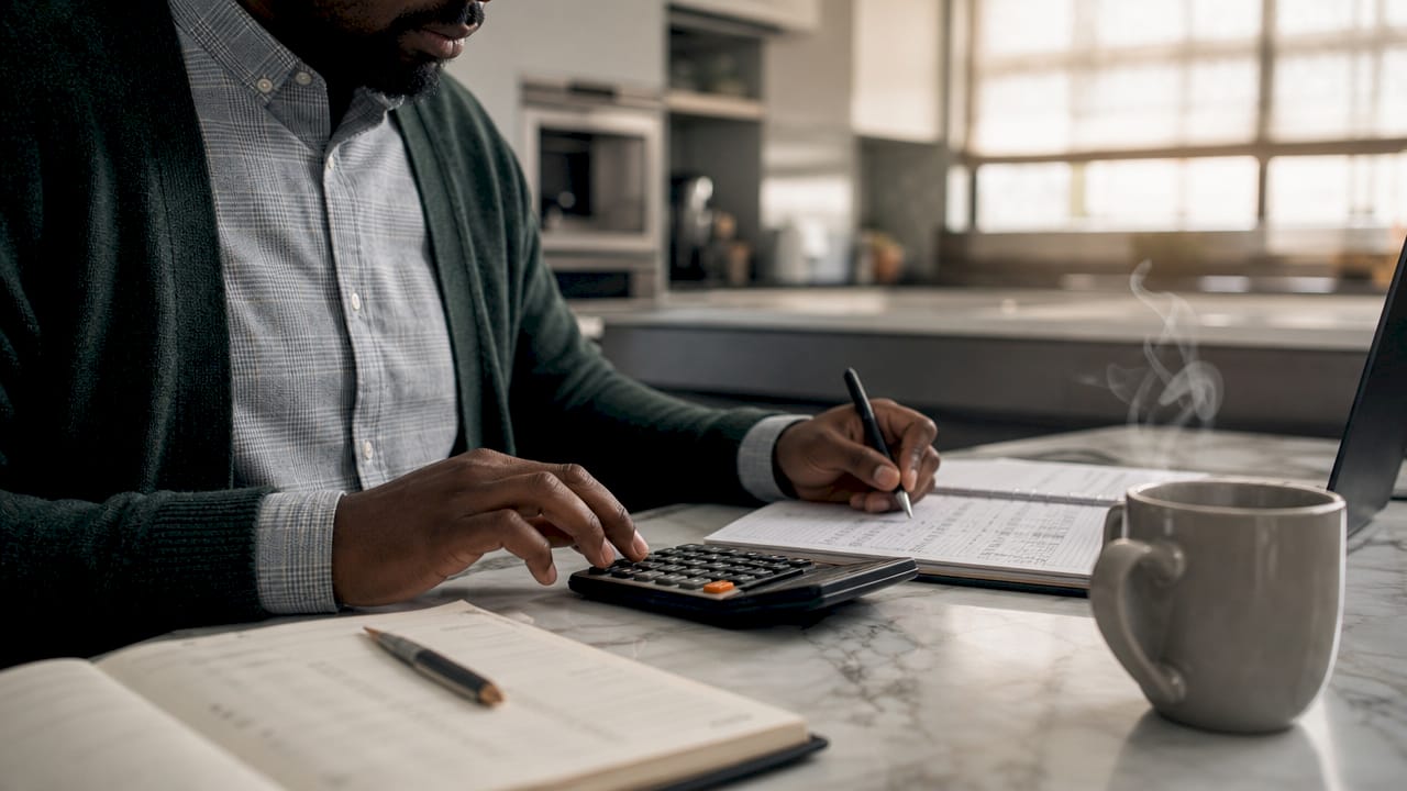 Hands calculating compliance costs at home workspace