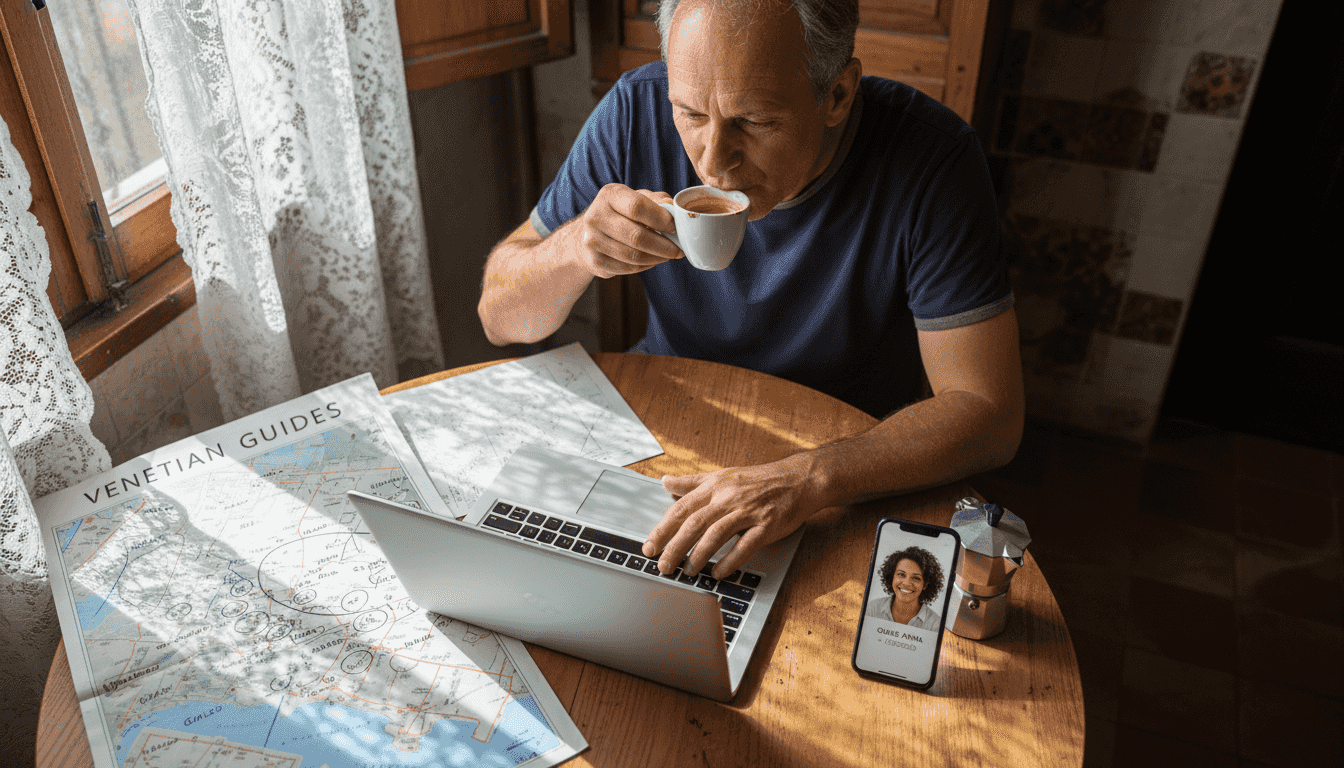 Man choosing Venice guide online with map