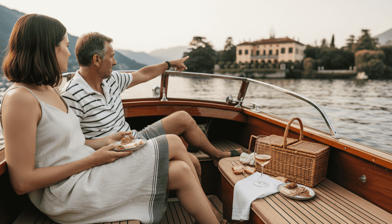 Couple enjoying picnic on Lake Como boat