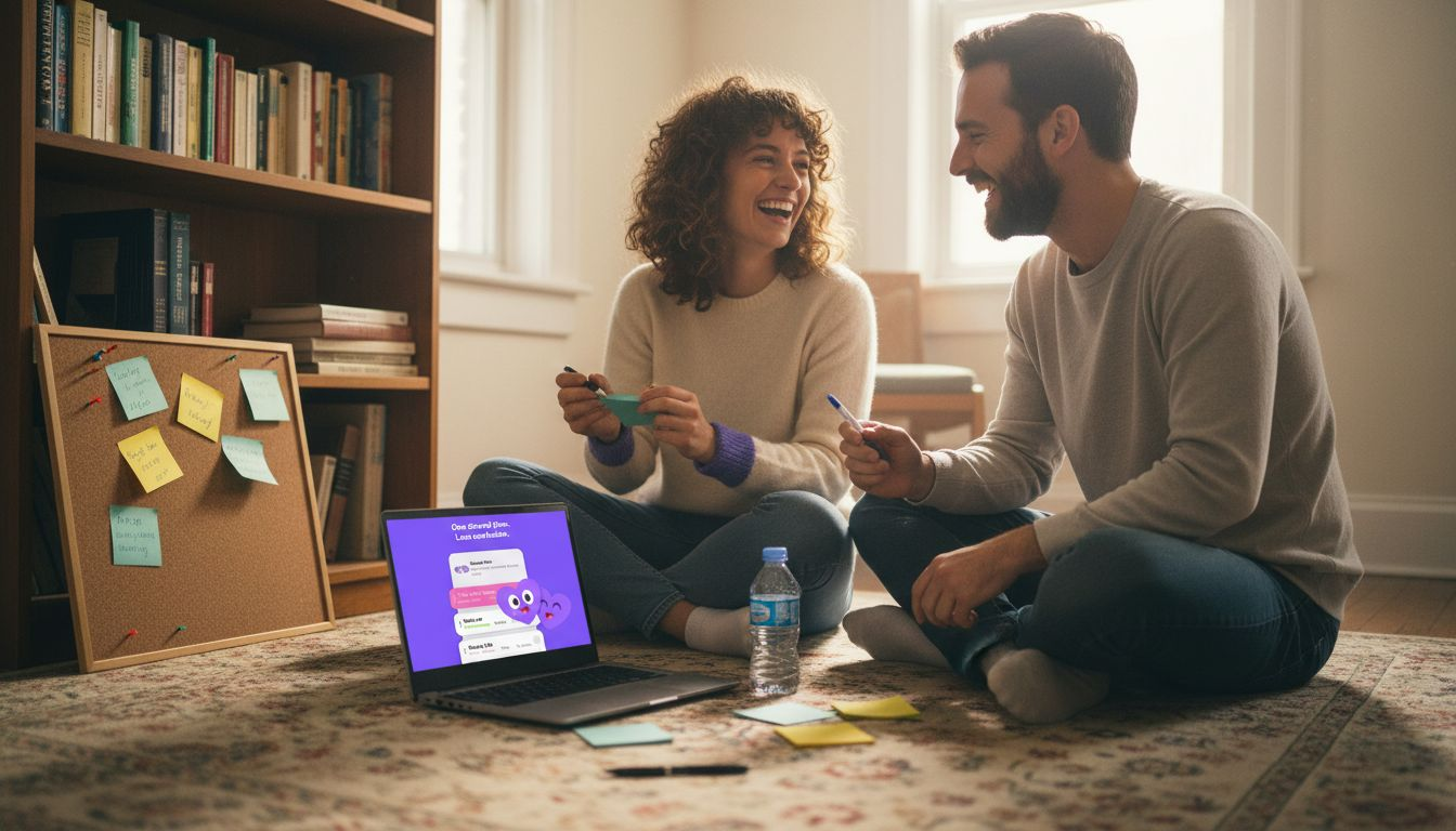 Partners writing playful goals on sticky notes