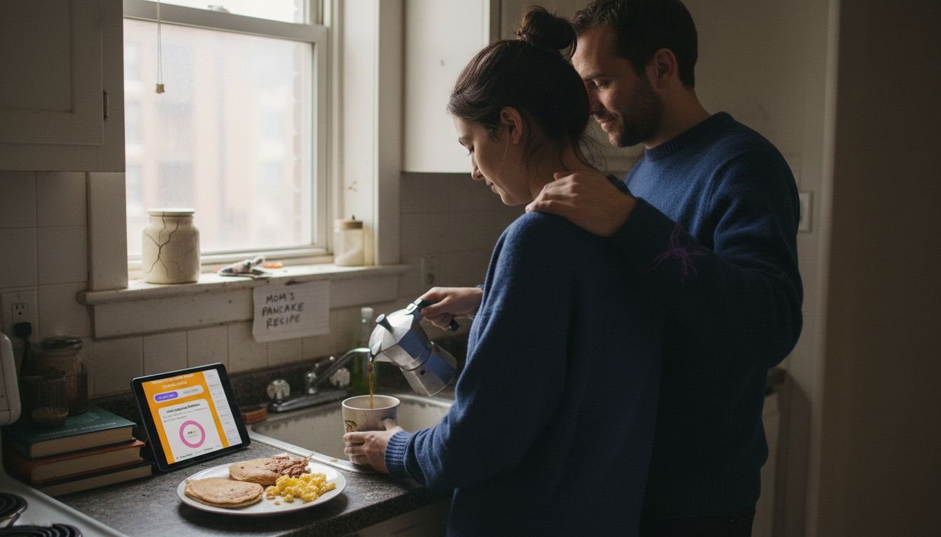 Man gently touching partner's shoulder in kitchen