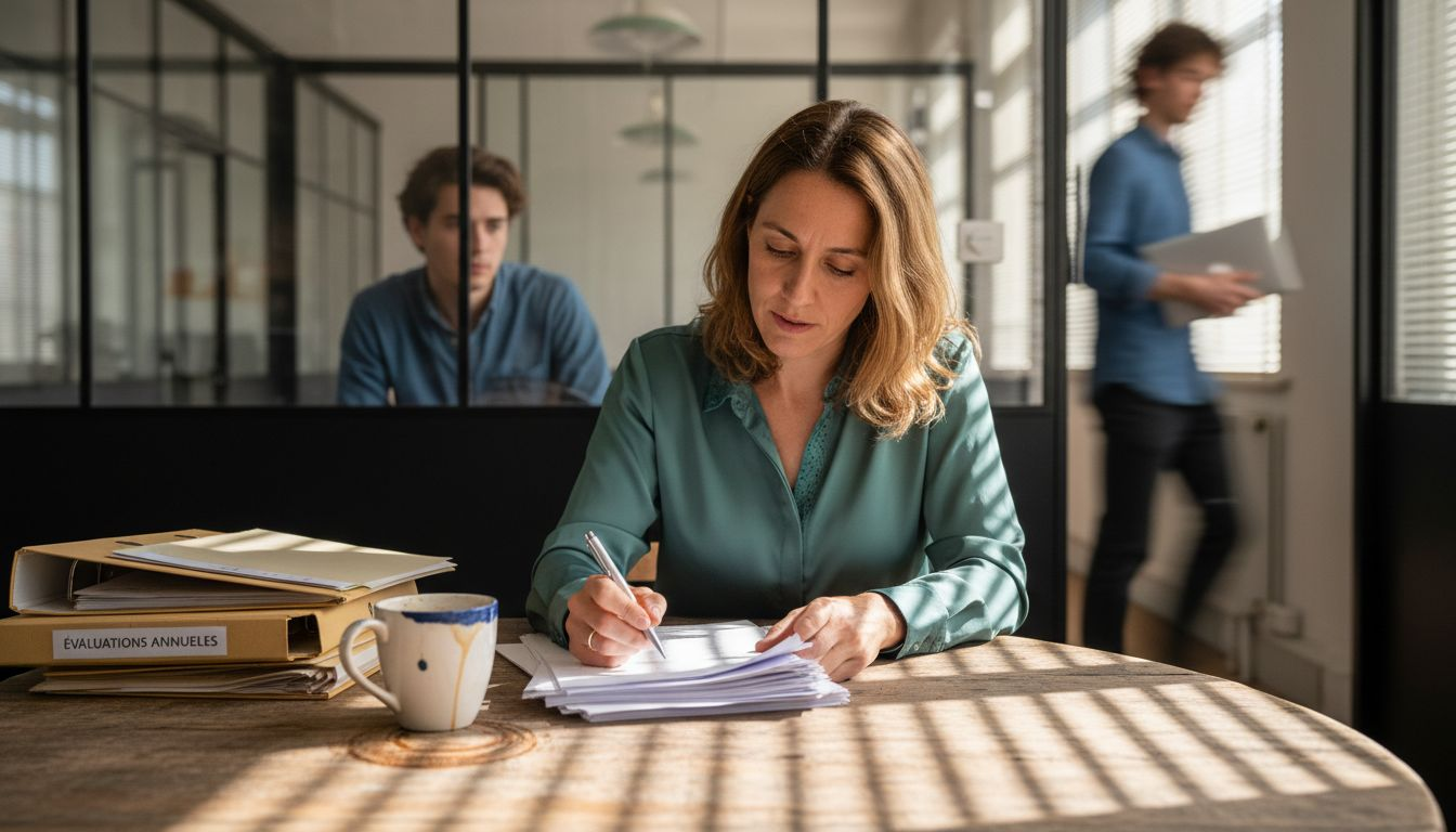 Un responsable passe en revue les bilans d’évaluation de son équipe dans un espace de travail partagé.