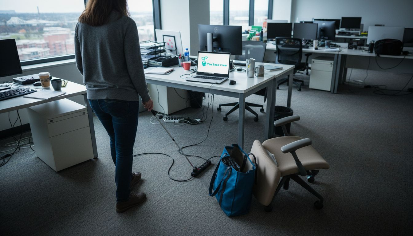 Une salariée malvoyante se déplaçant avec une canne blanche pour franchir des obstacles.