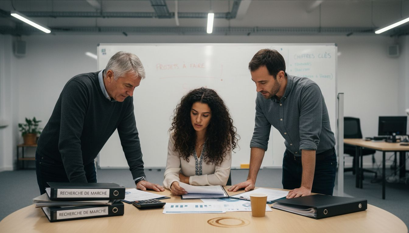 Des collègues passent en revue des rapports imprimés autour d’une table de réunion.