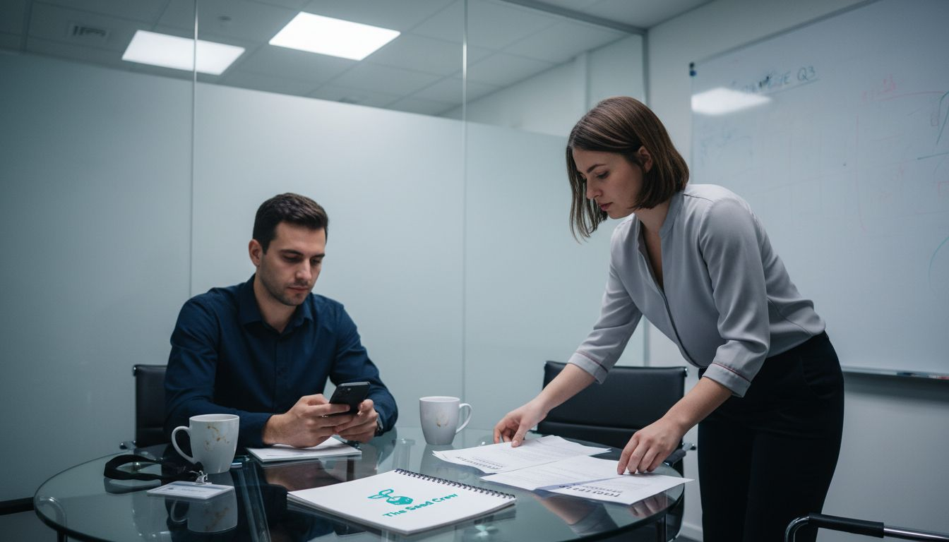 Une ambiance électrique règne dans la salle de réunion, où l’on sent clairement des tensions et certains participants mis à l’écart.