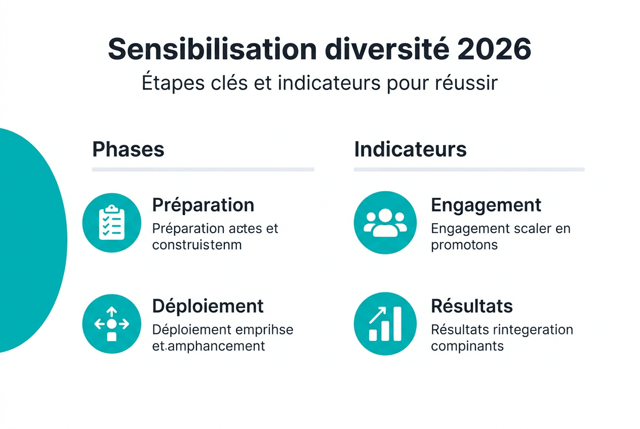 Infographie : les étapes clés et les actions à mettre en place pour promouvoir la diversité et sensibiliser efficacement.