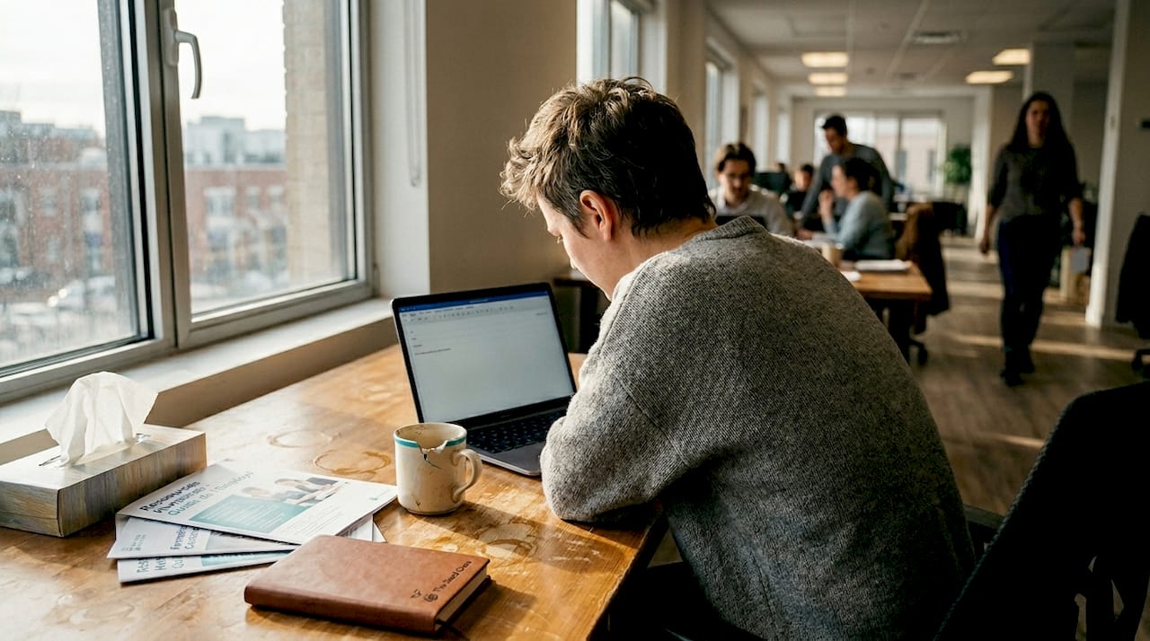 Un salarié, assis à son bureau, semble coupé du reste de l’équipe et plongé dans la solitude.