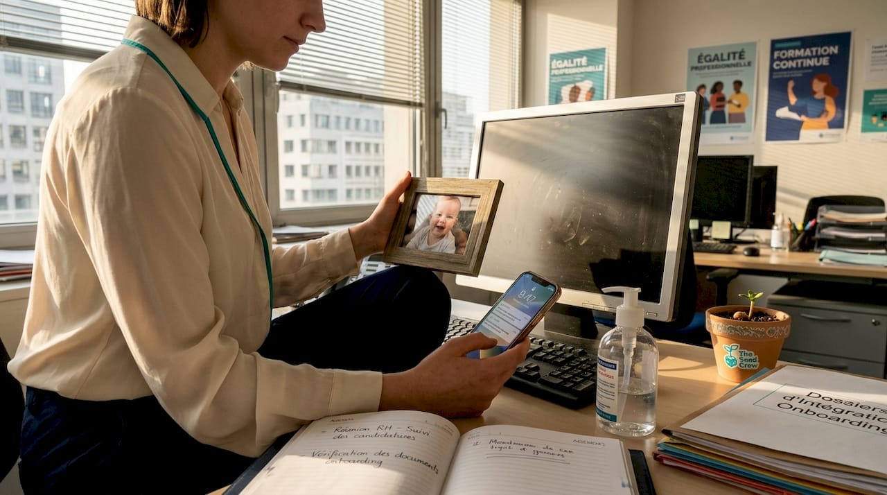 Jeune maman cadre, smartphone à la main, jonglant entre ses dossiers sur un bureau RH débordant.