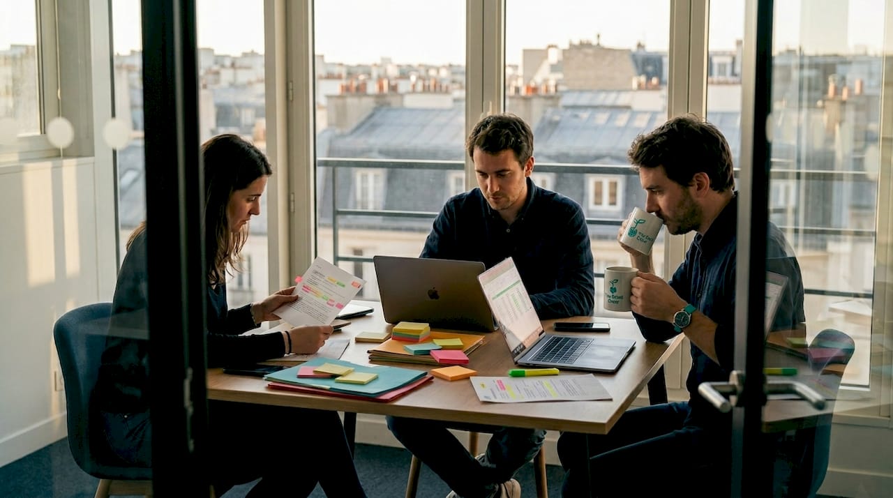 Une équipe échange et partage ses idées autour d'une table en salle de réunion.