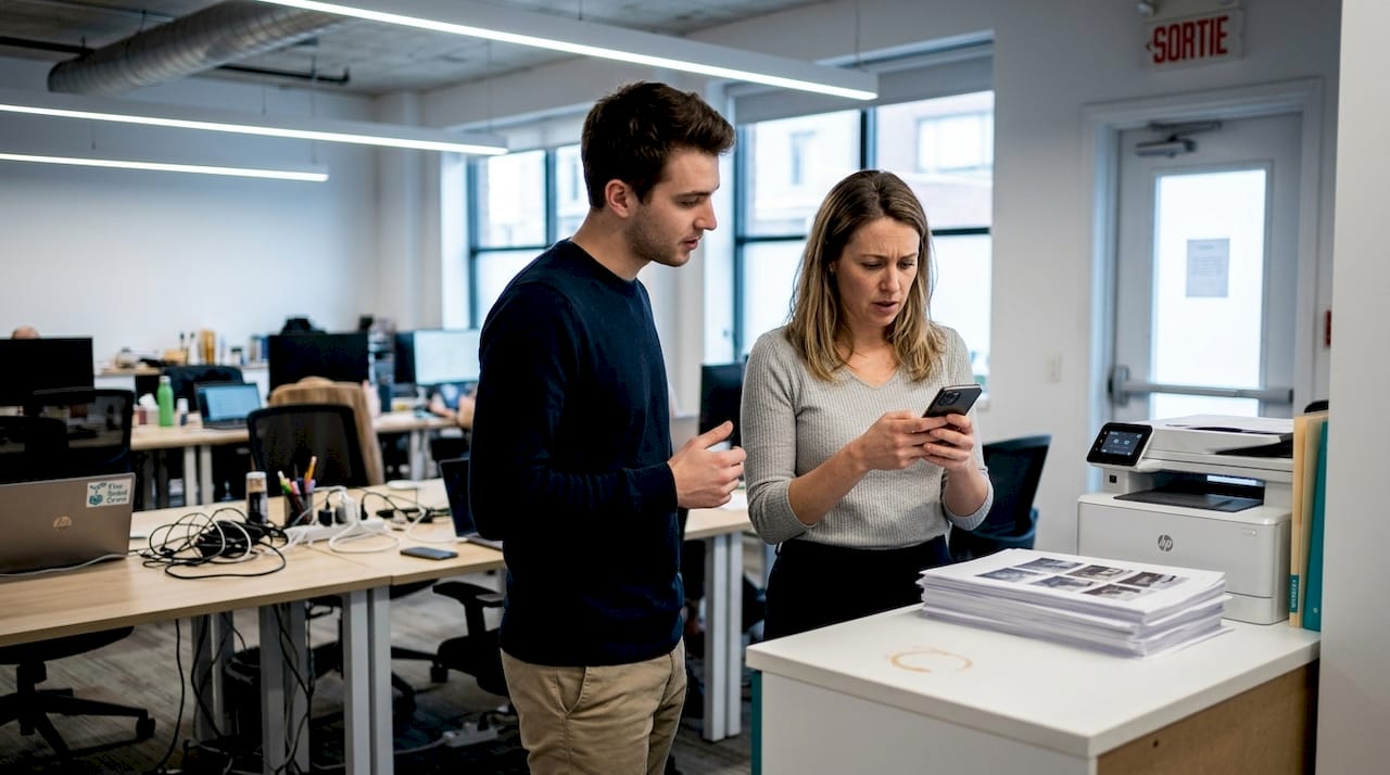Un collègue propose spontanément son aide à la photocopieuse du bureau.