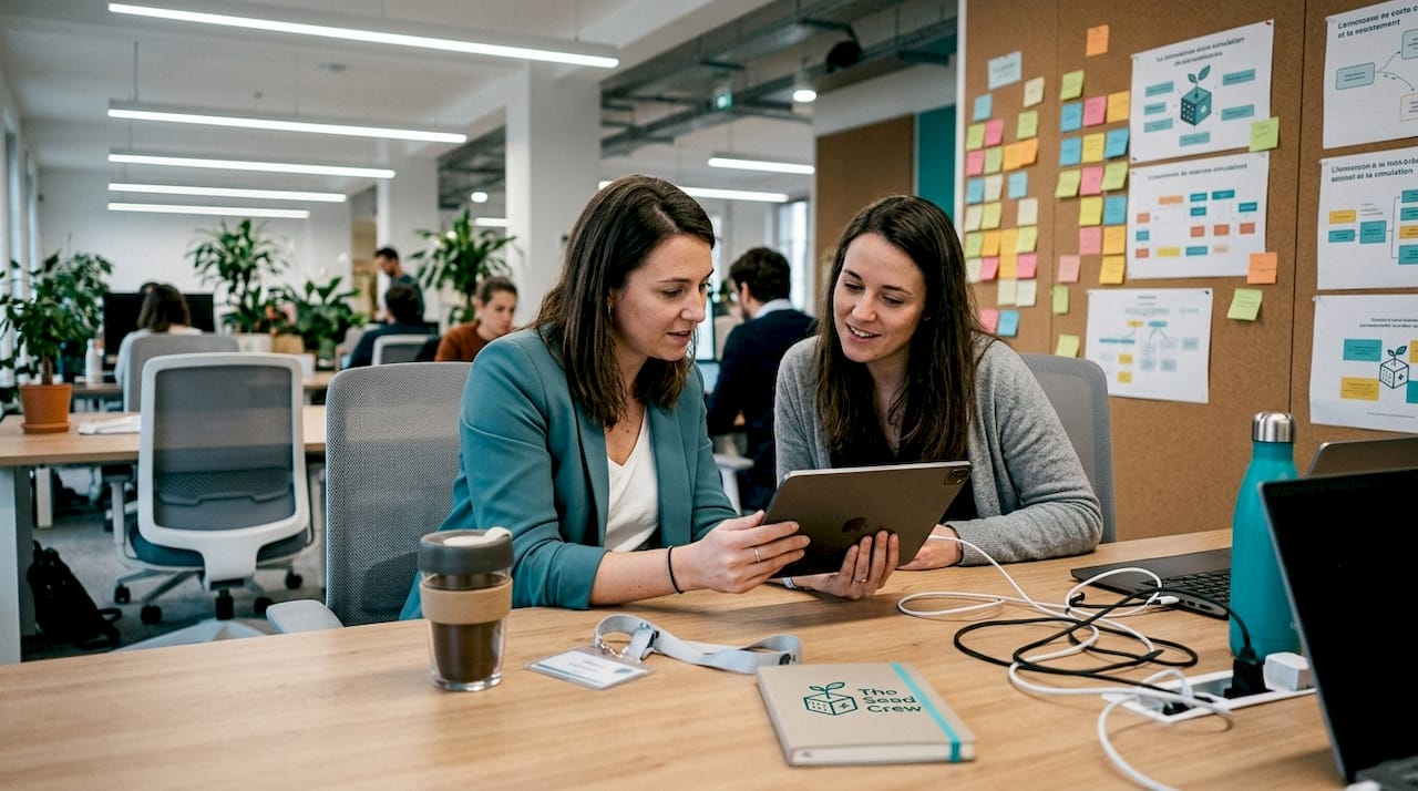 Deux collègues découvrent ensemble une expérience de formation immersive.