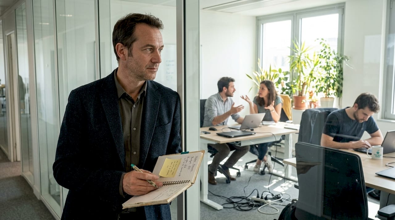 Le manager porte une attention particulière à la dynamique de la réunion et observe avec soin les échanges entre les participants.