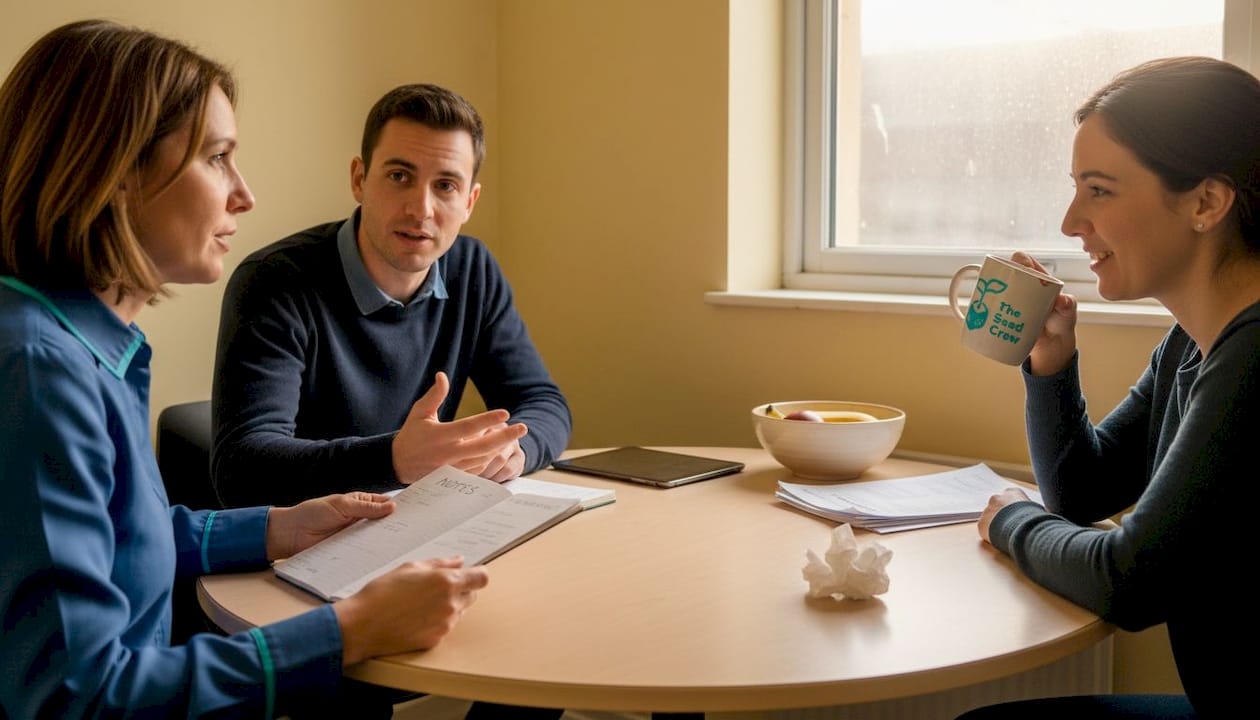 Le responsable échange avec son équipe dans une conversation attentive et constructive.