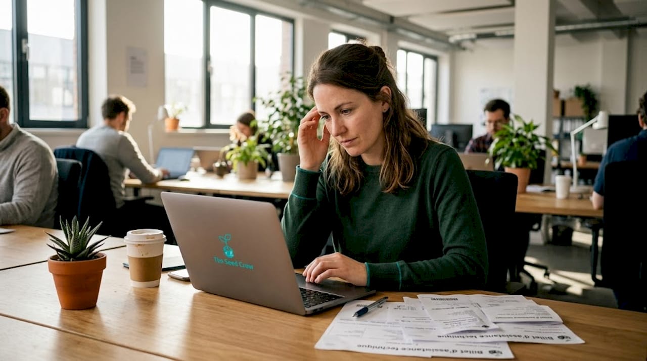 Employé de bureau affichant un léger signe de stress devant son ordinateur