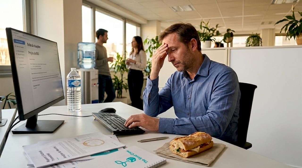 Un salarié visiblement tendu, assis à son bureau, laisse transparaître son stress au travail.