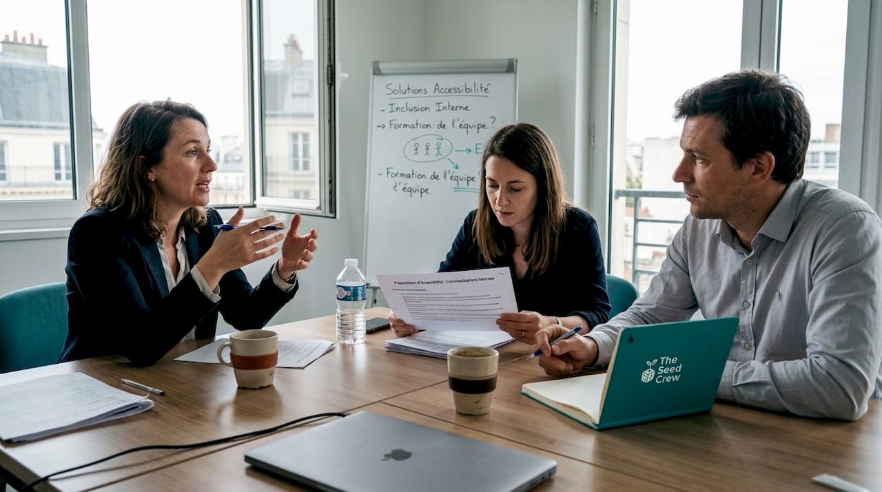 L’équipe échange sur l’accessibilité autour de la table de la salle de pause.