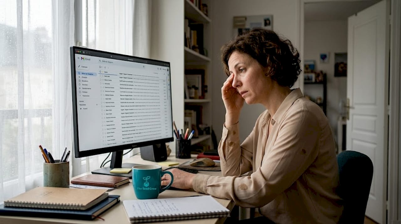Une salariée visiblement sous pression, absorbée par son travail devant son ordinateur.