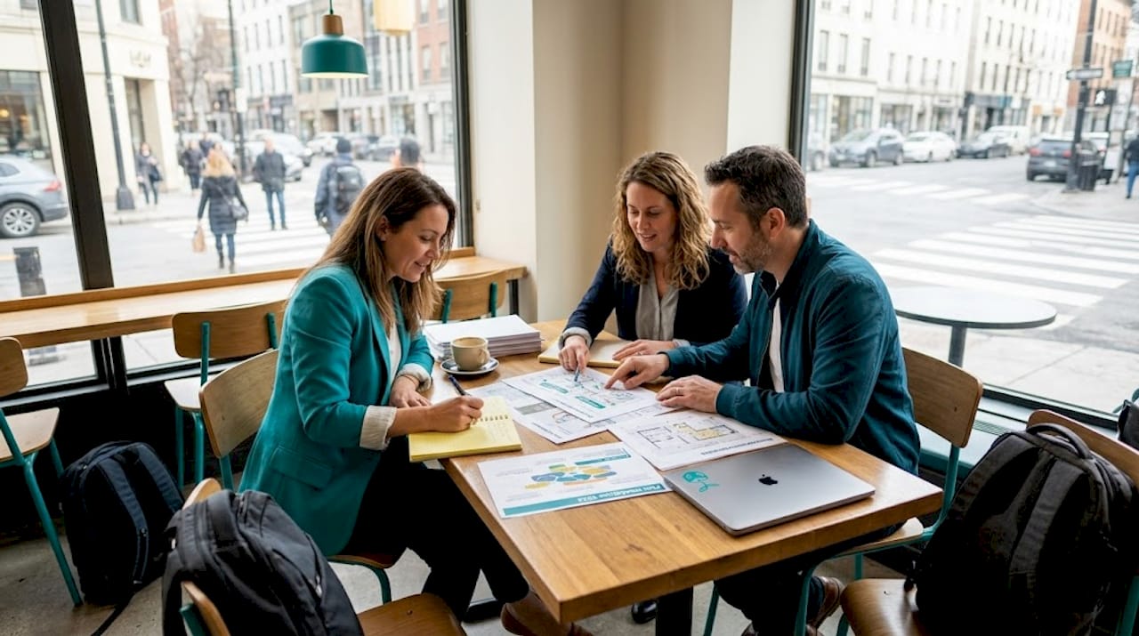 Des professionnels des ressources humaines échangent et travaillent ensemble autour d’une table lors d’un atelier collaboratif.