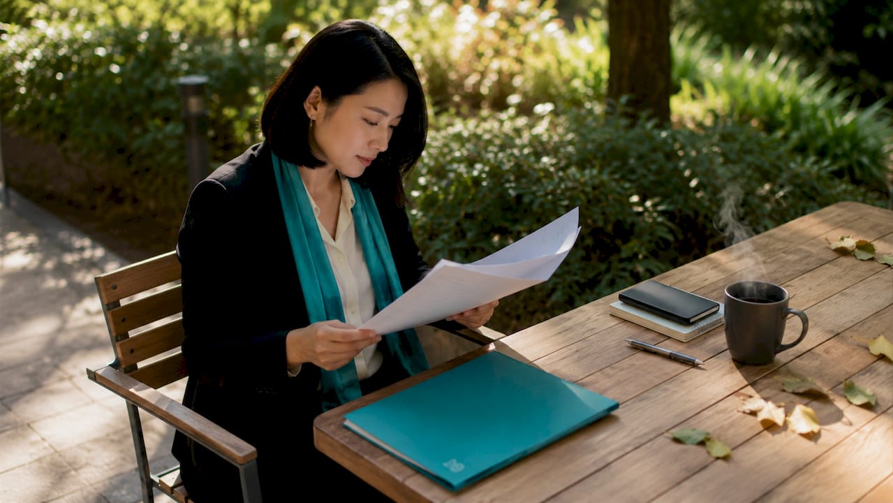 Une femme plongée dans la lecture de ses dossiers, installée dans un bureau paisible.