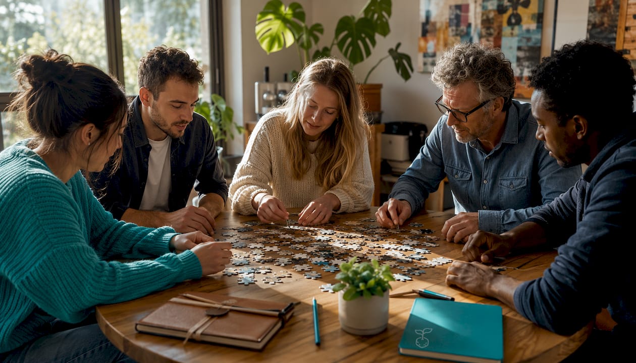 Des mains venues d’horizons différents réunissent les pièces d’un puzzle sur la table.