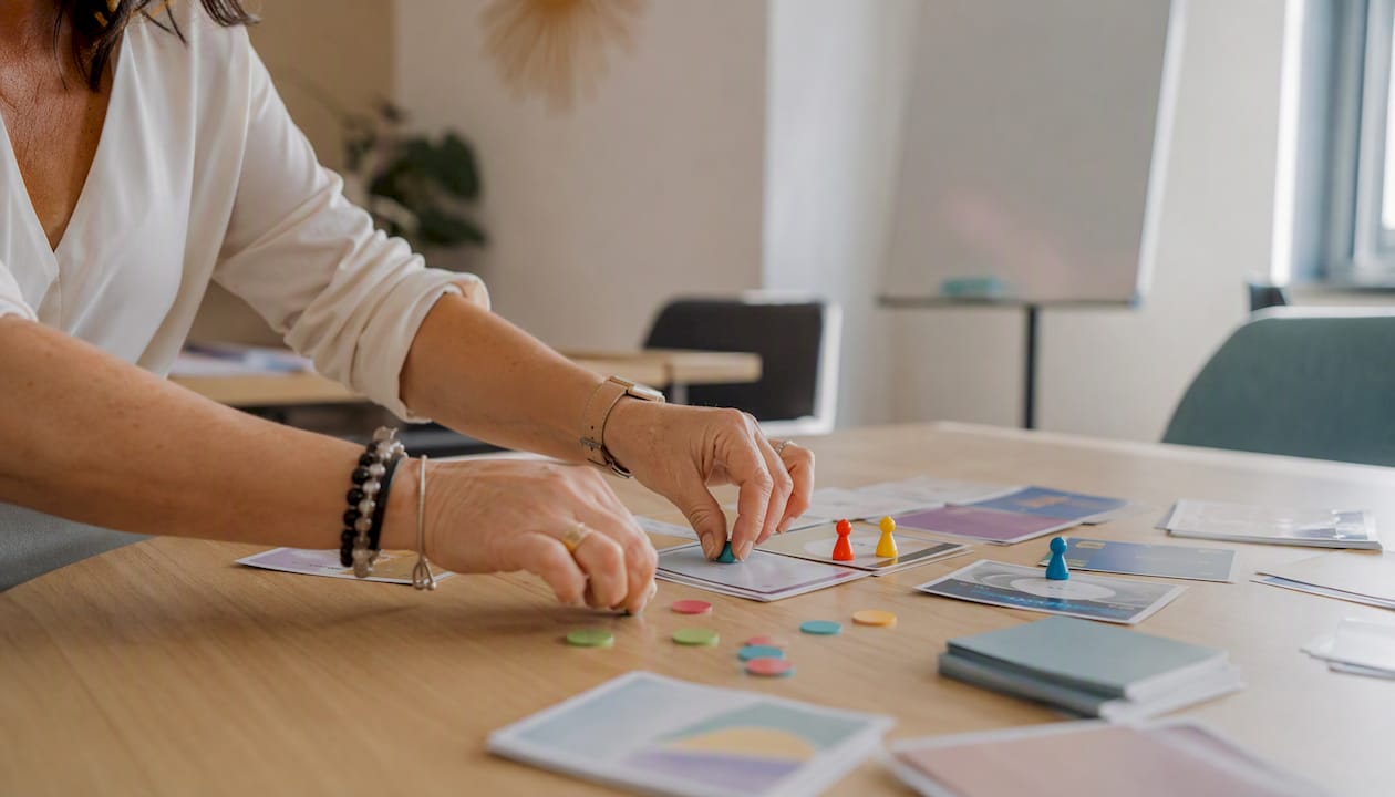 Des mains en train de disposer des pièces d’un jeu sérieux avec attention.