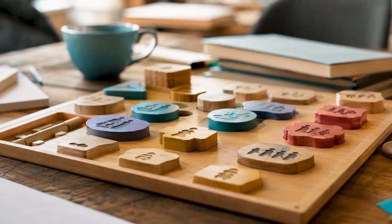 Des mains animent le plateau de jeu lors d’un atelier pilote sur l’inclusion