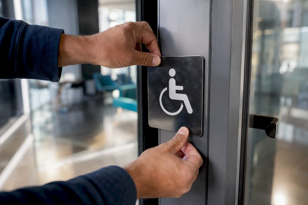 Mains posant un panneau d'accessibilité pour fauteuil roulant