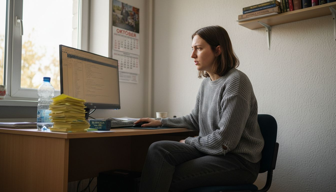 Žena pracuje na vylepšovaní webovej stránky vo svojej útulnej kancelárii, kde je vidieť, že sa tam naozaj žije.