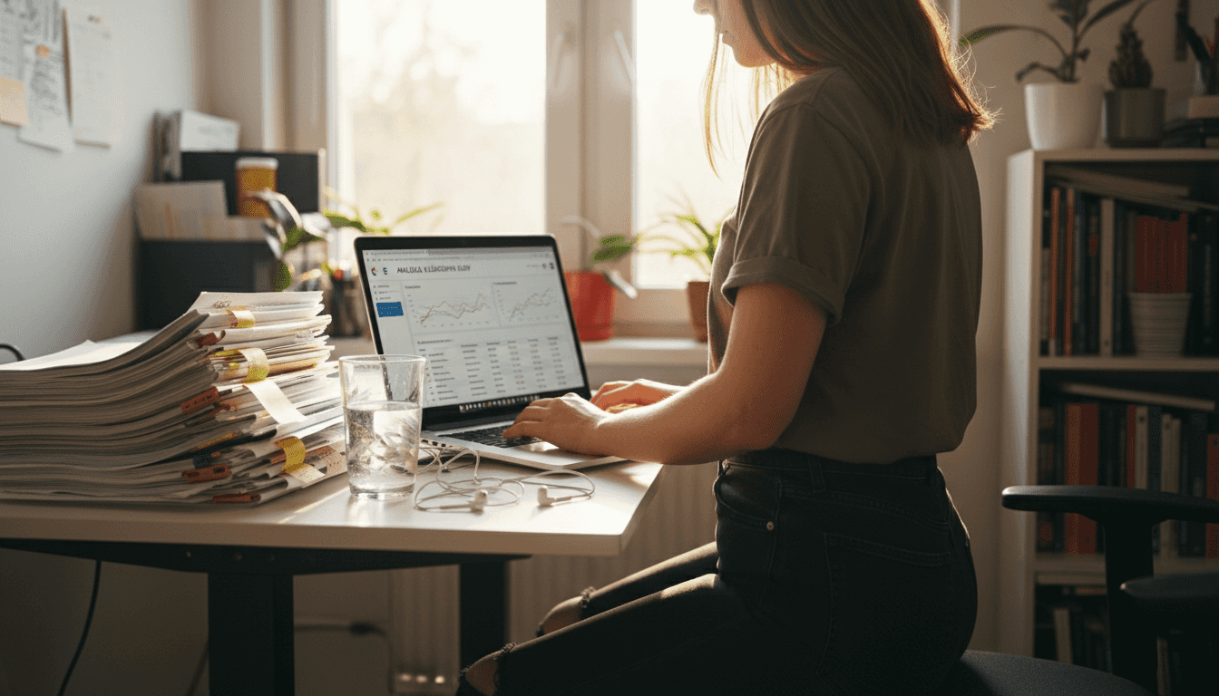 Žena pri stole sa venuje analýze kľúčových slov.